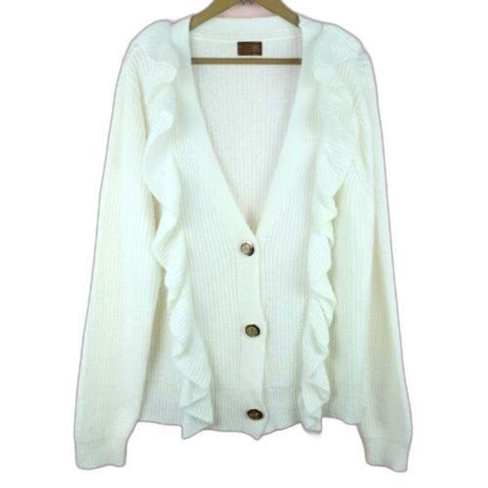 Pol Designer Women White Ruffle Cardigan Buttons Wool and Rabbit Hair Blend Sz L